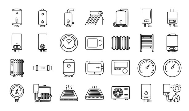 Home Heating Appliances Line Icons Set Editable Stroke Boiler Thermostat Water Heater Vector Collection