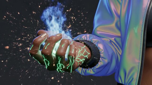 Stylized Brown Hand Wearing Holographic Jacket Creating Glowing Blue Energy and Green Circuit Patterns