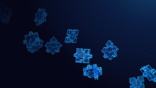 Abstract Animation Loop of Low Poly Jigsaw Puzzle Pieces Floating on a Blue Background with Copy Space. Concept of problem-solving, business synergy, strategic partnership and collaboration solutions.