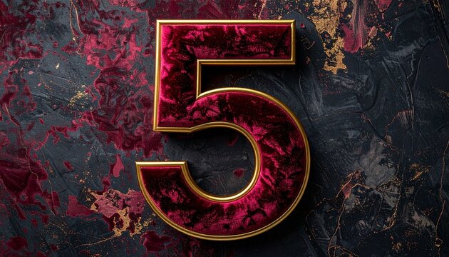Luxury Number 5 with Red Velvet Texture and Golden Metallic Edges