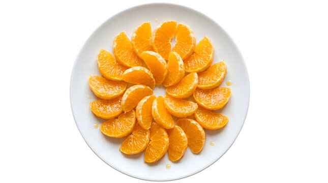 Fresh orange slices arranged in a circular pattern on a white plate. Vibrant citrus fruit segments displayed for healthy eating and nutrition conce...