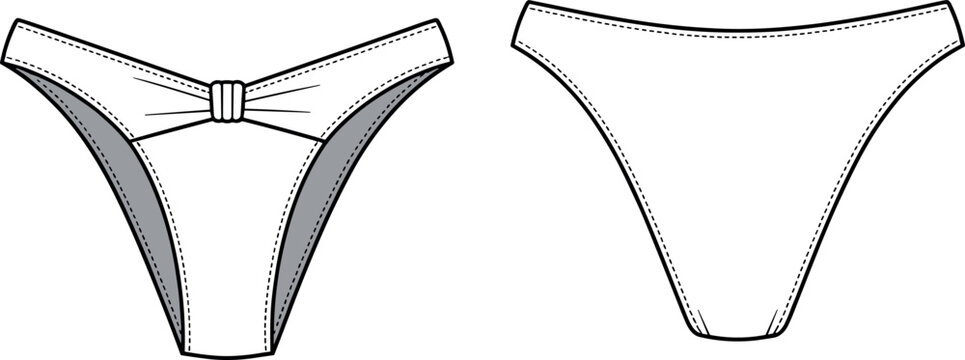 Art & IllustWomen's White High Cut Bikini Bottom Technical Fashion Illustration Set Featuring Front and Back View CAD Flat Sketch for Swimwear Design and Garment Manufacturingration