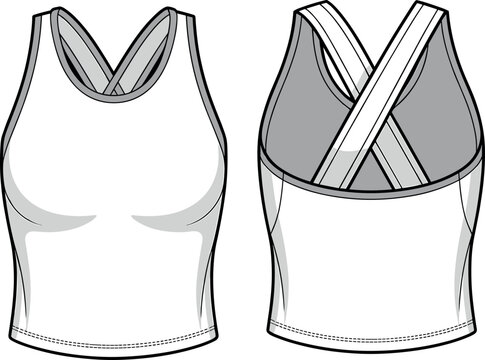 Women's white cropped sports tank top vector technical sketch, cross back yoga vest fashion flat template, sleeveless athletic bra top mockup for design.Art & Illustration