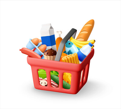 Red plastic shopping basket full of various groceries. 3d supermarket food products including bread, milk, egg and fruit. Retail ecommerce concept for online store delivery service.