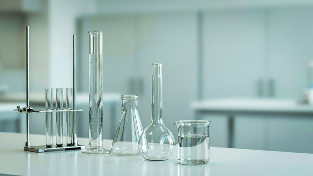 Laboratory glassware with test tubes rack graduated cylinder flask and beaker science experiment