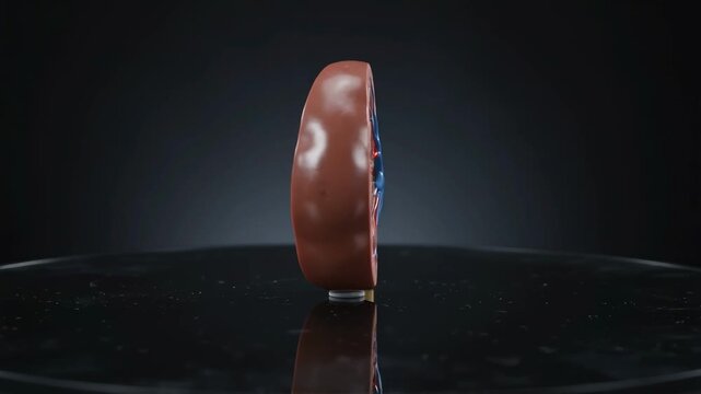 Human kidney anatomical model rotating on reflective surface