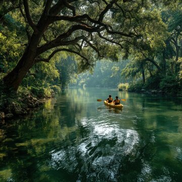 Two people kayak on a quiet river surrounded by trees in the afternoon light in a forested area