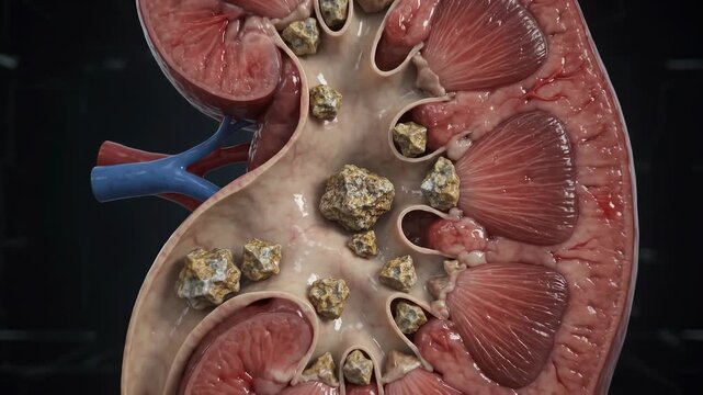 3d medical animation showing kidney stones in a human kidney