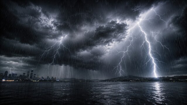 Powerful lightning storm over water with dramatic thunderclouds heavy rain and city skyline at night