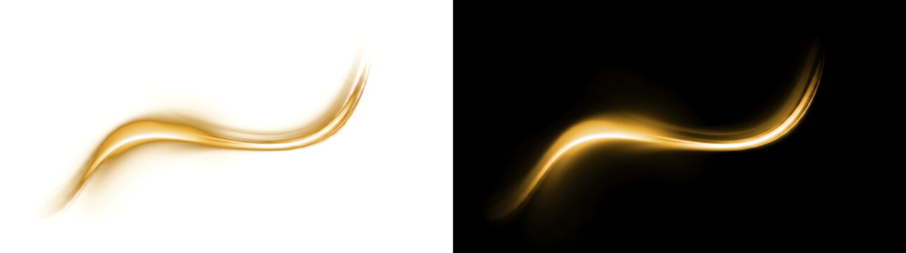 Smooth gold light effect with glowing swoosh wave line used in PNG, Transparent and Black Background Versions for luxury design projects