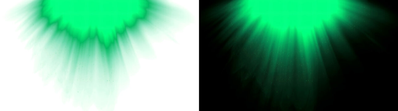 Aurora light burst effect with glowing green radiant sky rays used in PNG, Transparent and Black Background Versions for design projects