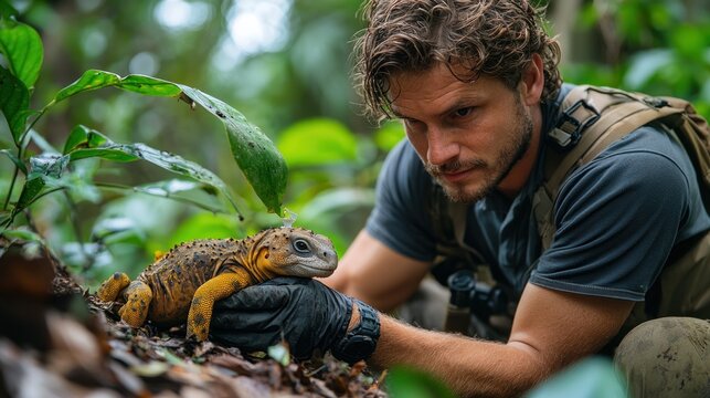Zoologist gently holding a yellow lizard in a jungle.