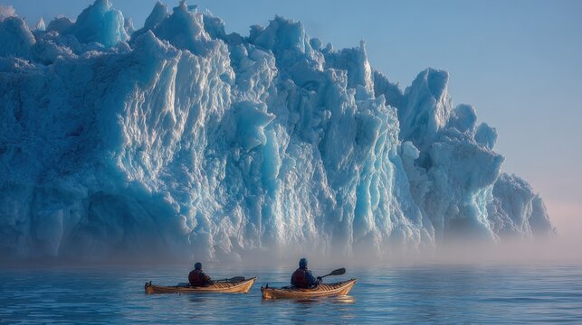 Kayakers explore icy waters near a large glacier in the early morning sunlight on a clear day in a remote location