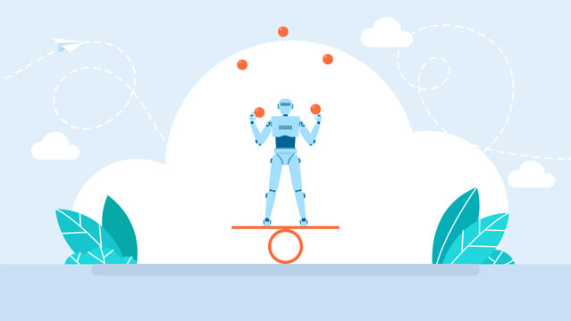 Futuristic robot juggling balls while balancing on seesaw. Artificial intelligence multitasking concept, android managing multiple tasks stability, smart tech automation. Vector illustration