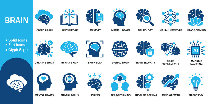 Brain and mental power solid icons set with neural network artificial intelligence machine learning and creative mind growth elements. Vector illustration of abstract psychology, neurology solution.