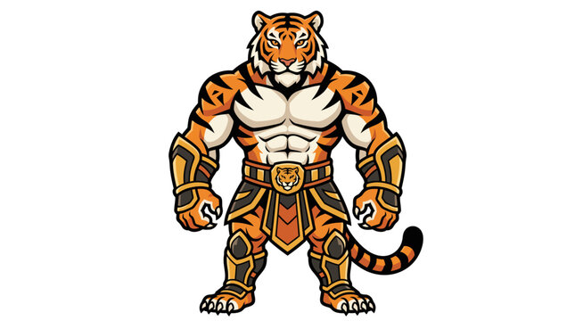 Muscular tiger gladiator mascot with armor and powerful physique