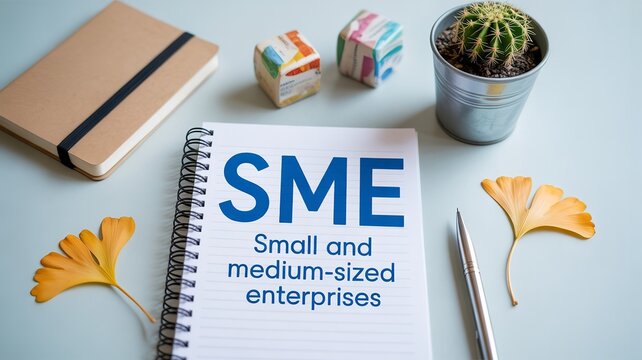 Open spiral notebook with SME small medium enterprises text surrounded by ginkgo leaves pen cactus blocks on creative workspace desk