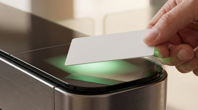 A close up view of a hand holding a white card to scan against an automated turnstile reader with a glowing green light for access control.