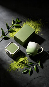 Minimalist green matcha tea packaging mockup set vertical composition perfect for mobile beverage application portfolio layout and social media brand agency stories.