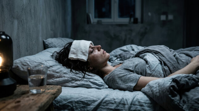 Woman Resting In Bed With Cold Compress Due To Illness And Fever
