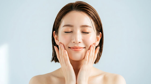 Beautiful young japanese woman with smooth glowing skin gently touches her cheeks with hands while posing peacefully against a soft light blue studio background wall