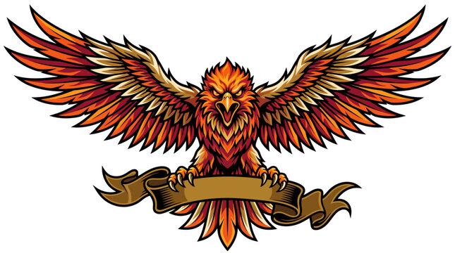 Majestic flaming eagle with outspread wings clutching a banner