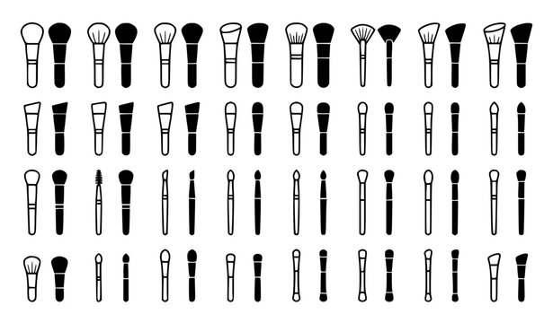 Professional Makeup Brush Outline and Black Silhouette Vector Icon Collection EPS 10