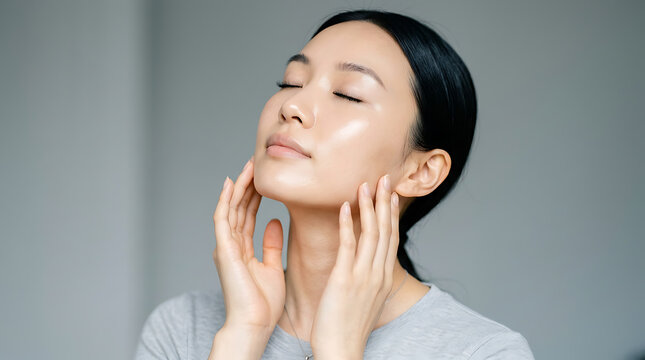 Beautiful young asian woman with glowing skin touches her face gently while eyes are closed in a serene pose against a soft neutral gray studio background