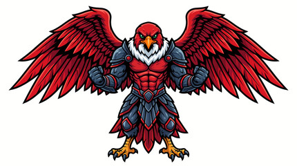 Fototapeta premium Powerful red eagle warrior mascot in armor with outspread wings