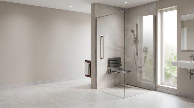 Barrier free walk in shower with folding seat grab bar and handheld shower for aging in place