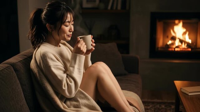 ソファに座り温かい飲み物で癒される女性