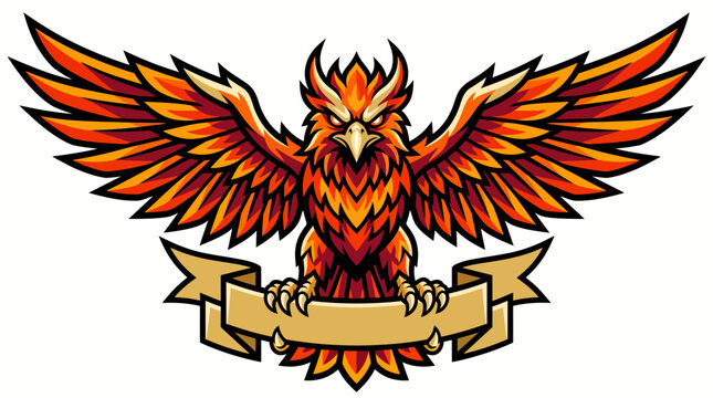 Majestic fire phoenix mascot with wide wings and blank golden banner