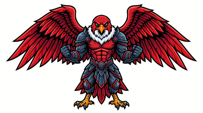 Powerful red eagle warrior mascot in armor with outspread wings