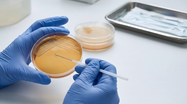 Laboratory technician streaking agar plate with sterile inoculation loop for microbiology culture testing