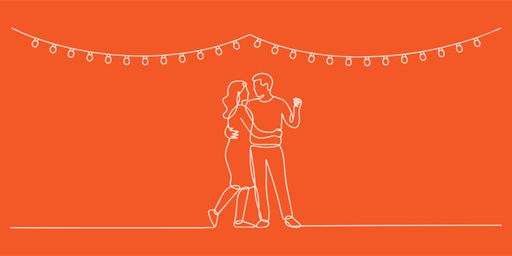 Couple Dancing Under String Lights Continuous Line Art Illustration