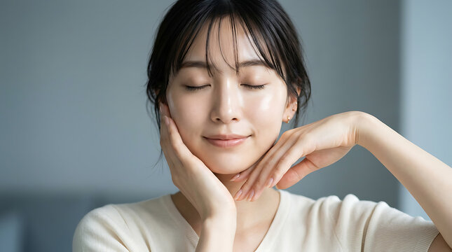 Beautiful young japanese woman gently touching her clean glowing facial skin with closed eyes while posing in a soft natural light for a skincare beauty portrait