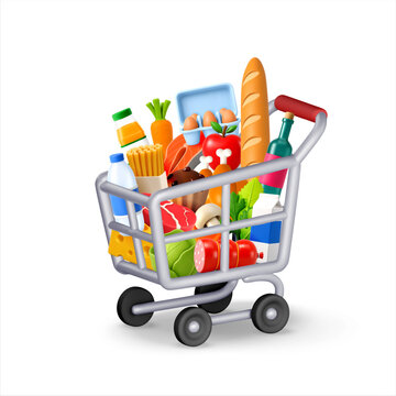 Shopping cart full of groceries isolated on white background. 3d vector illustration of supermarket trolley with fresh food, bread, fruit, meat and milk. Retail buying concept.