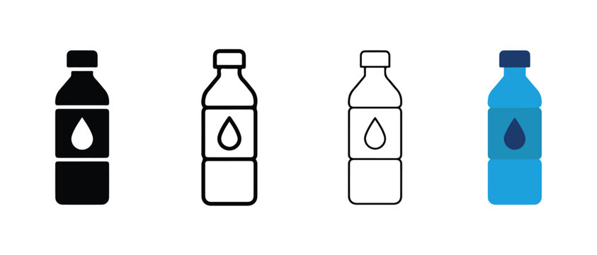 water bottle icons with different fill levels and color variations isolated on transparent background