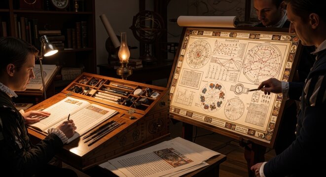 Historical astronomers studying star charts. Scholars analyzing celestial maps in a library.