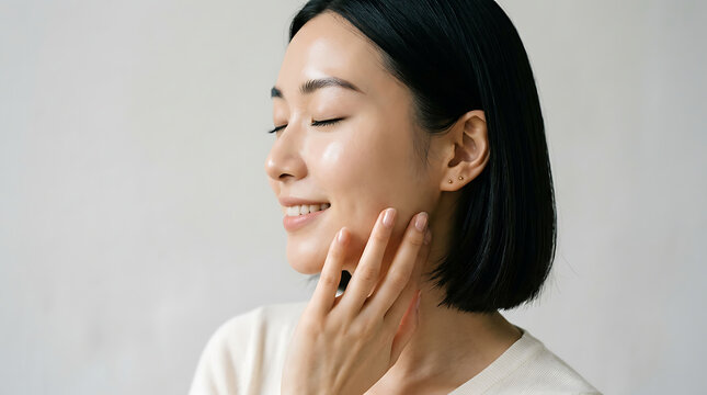Young asian woman with smooth glowing skin gently touches her cheek while smiling softly in a peaceful portrait captured with natural soft lighting and neutral colors