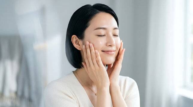 Serene young asian woman with short hair gently touching her smooth glowing facial skin while relaxing in a bright minimalist room with soft natural daylight illumination