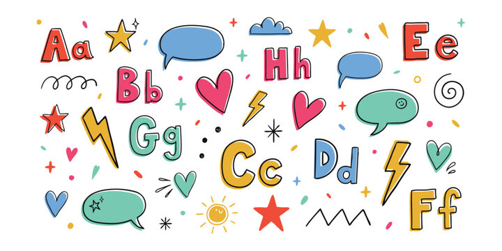 Colorful educational alphabet letters with fun icons and speech bubbles