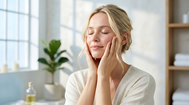 Young beautiful blonde woman with glowing skin gently touches her soft face with both hands while smiling peacefully in a bright and serene home spa environment.