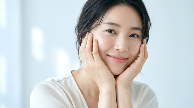 Beautiful young asian woman with glowing skin touches her face gently while looking at the camera in this soft focus portrait shot with natural bright lighting