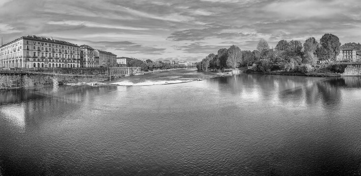 View over the Po river flowing through Turin, Italy