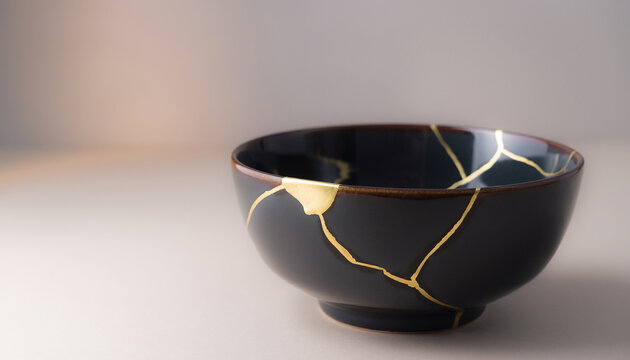 黒い器を金で修復した金継ぎの静物と再生のイメージ