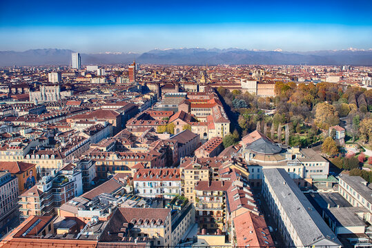 Panoramic view of Turin city center and the Alps, Italy