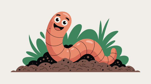 Adorable pink cartoon earthworm smiling happily while crawling in the rich soil surrounded by small green grass blades.