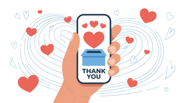 Hand holding phone showing a thank you donation message and hearts to appreciate support, charity, and helpfulness.