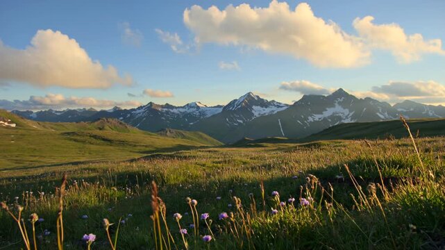 Alpine meadow with wildflowers and drifting cloud shadows over snow-capped mountains, seamless looping 4k realistic nature virtual background.